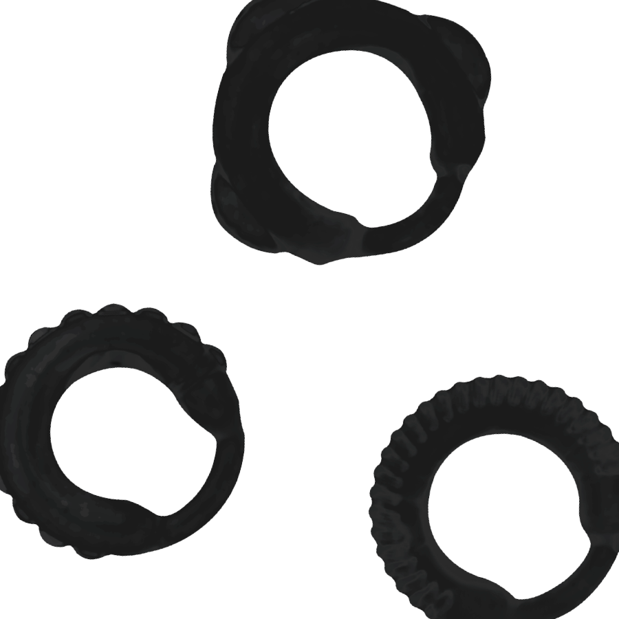 Trois anneaux peniens Addicted noirs ergonomiques vus de pres, surfaces nervuree et torsadee en silicone souple pour soutenir et prolonger l'erection.