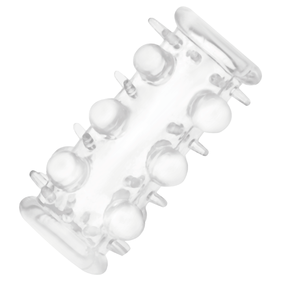Anneaux péniens transparents Addicted Toys, ensemble de plusieurs anneaux texturés reliés en chaîne, vue en angle