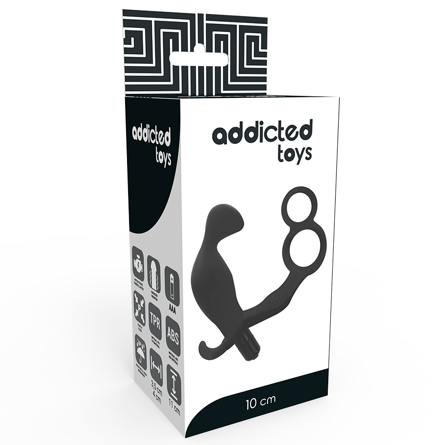 Boite Addicted Toys 10 cm du plug anal vibrant a double anneau penien en silicone noir, accessoire combine sur emballage graphique noir et blanc.