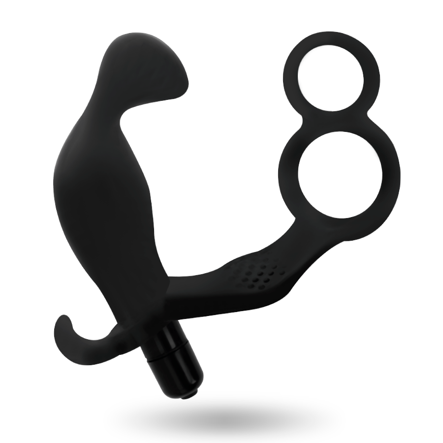 Plug anal vibrant Addicted en silicone noir avec double anneau penien et testiculaire, tige texturee et base argentee vibrante, accessoire masculin combine.
