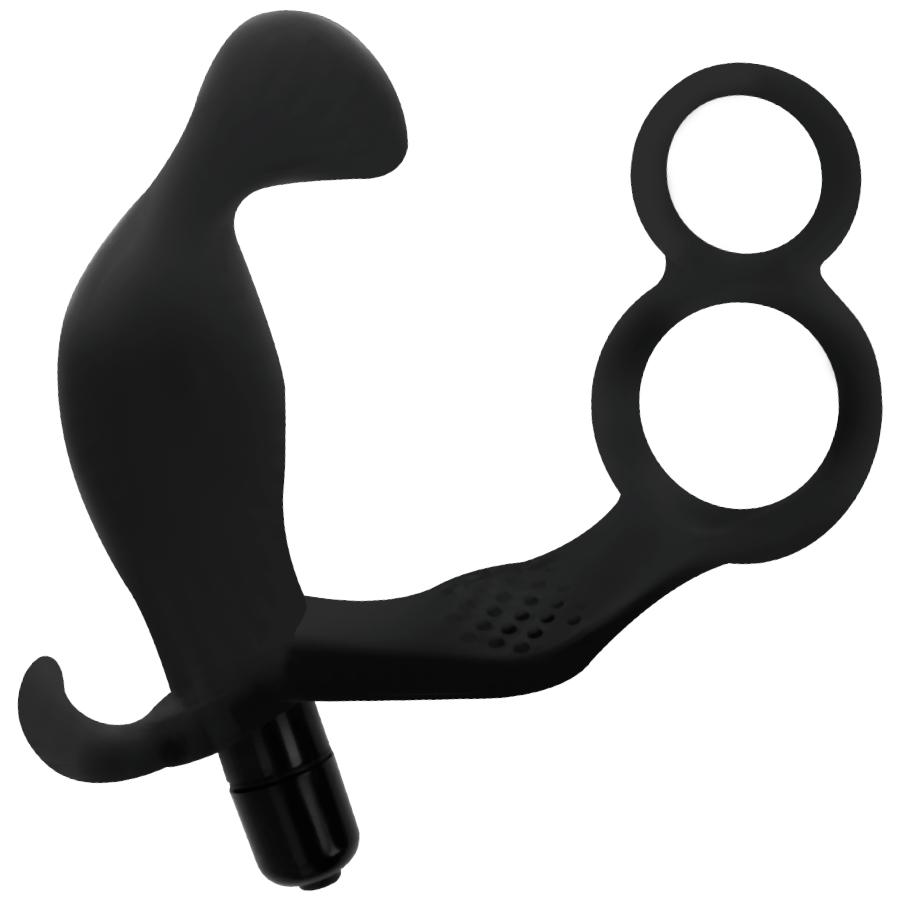 Plug anal vibrant Addicted en silicone noir vu de trois quarts, double anneau penien et testiculaire et tige texturee, base argentee vibrante.