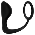 Plug anal avec anneau penien Addicted en silicone noir lisse, tete arrondie incurvee et large bague de base, accessoire deux en un de stimulation et maintien.