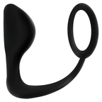 Plug anal avec anneau penien Addicted en silicone noir lisse, tete arrondie incurvee et large bague de base, accessoire deux en un de stimulation et maintien.