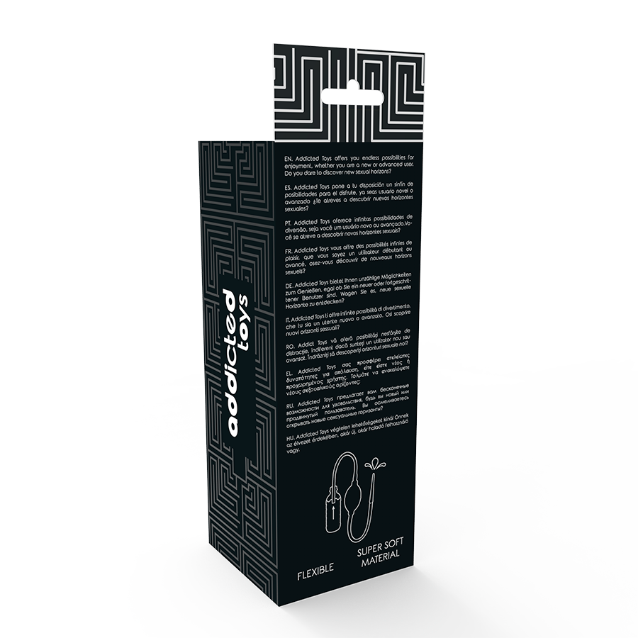 Boite noire Addicted Toys vue de cote avec pictogrammes flexible et super soft, emballage discret du nettoyeur intime en TPR souple.