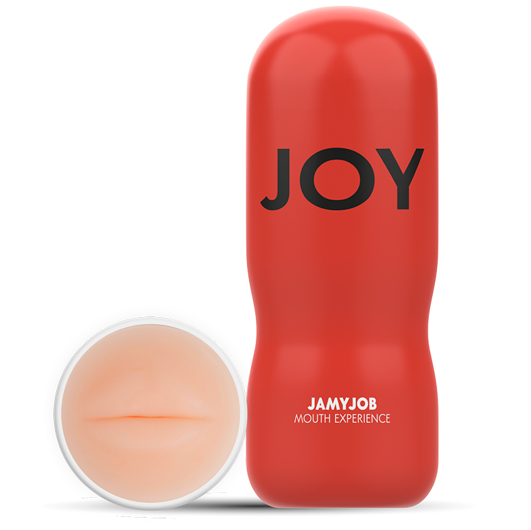Étui rouge Jamyjob Joy Mouth Experience posé à côté de l'insert amovible couleur chair montrant l'orifice buccal