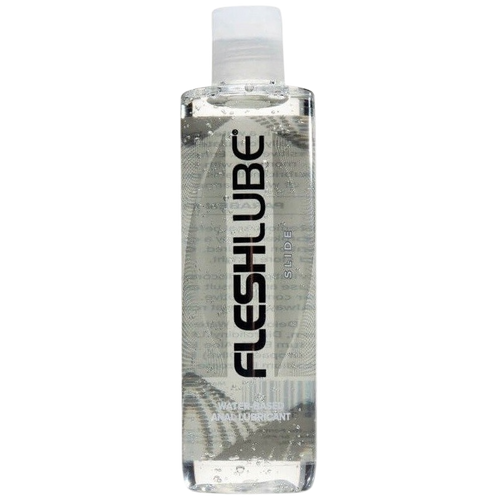 Flacon de lubrifiant anal Fleshlube base eau a glisse renforcee, design transparent et gris, compatible preservatifs latex et tous sextoys silicone, confort durable.