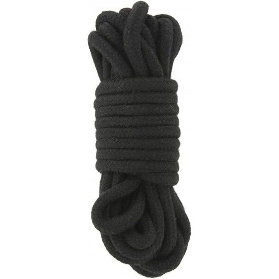 Corde shibari en coton noir enroulee, element du kit BDSM complet Toy Joy, accessoire d'attache souple pour le bondage, gros plan sur la tresse