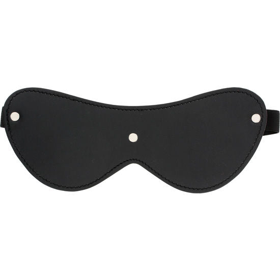 Masque occultant en cuir synthetique noir avec rivets argentes, accessoire du kit BDSM complet 6 pieces Toy Joy, presente a plat