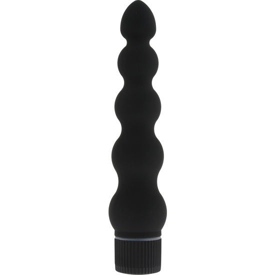 Gode ou vibromasseur anal noir à renflements successifs, vu de face sur fond blanc