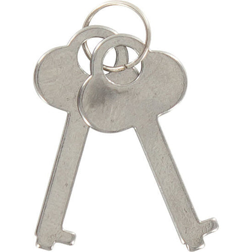 Deux cles de securite en metal chrome livrees avec les menottes Get Real, gros plan sur le trousseau et son anneau, dispositif de deverrouillage pour le bondage.