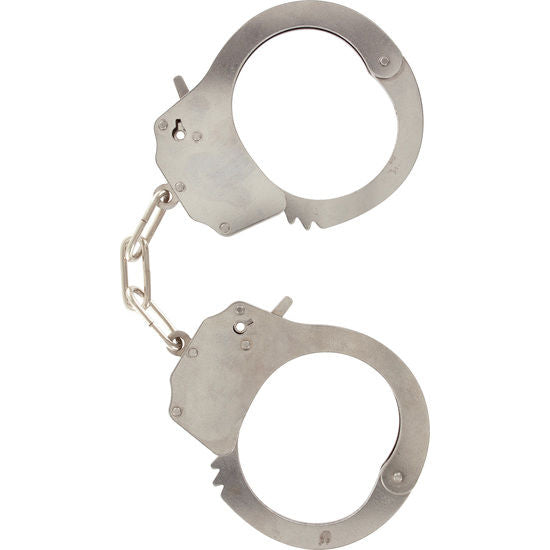 Manchettes de bondage en metal chrome reliees par une chaine d'acier, modele deux parties a loquet de securite, accessoire d'attache des poignets