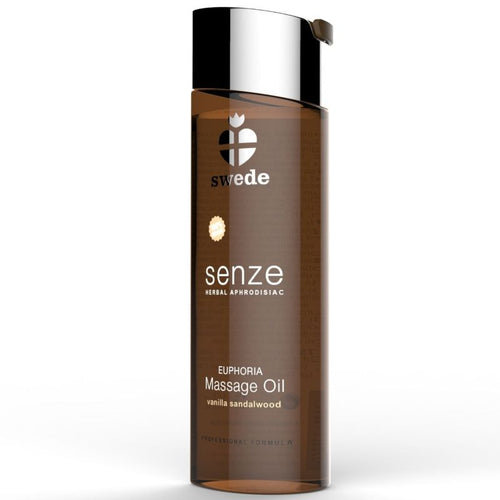 Huile de massage Senze Euphoria vanille bois de santal, flacon brun en gros plan etiquette Massage Oil, texture nourrissante a glisse longue duree.