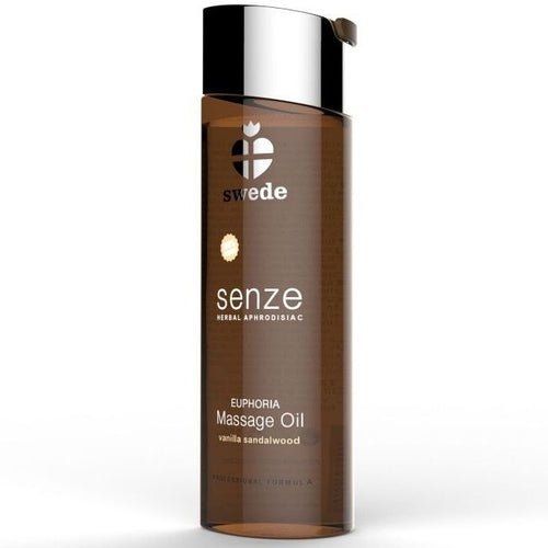 Huile de massage Swede Senze Euphoria vanille bois de santal, flacon brun translucide vue de face, melange vegan d'huiles vegetales et essentielles.
