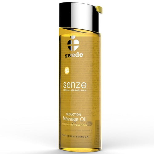 Huile de massage Senze Seduction agrumes lavande, flacon dore en gros plan etiquette Massage Oil, texture nourrissante a glisse longue duree vegan.