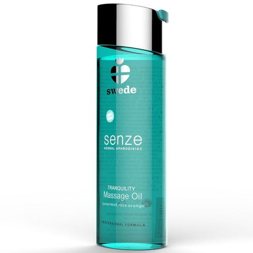 Huile de massage Senze Tranquility menthe rose orange, flacon teal en gros plan etiquette Massage Oil, texture nourrissante a glisse longue duree vegan.