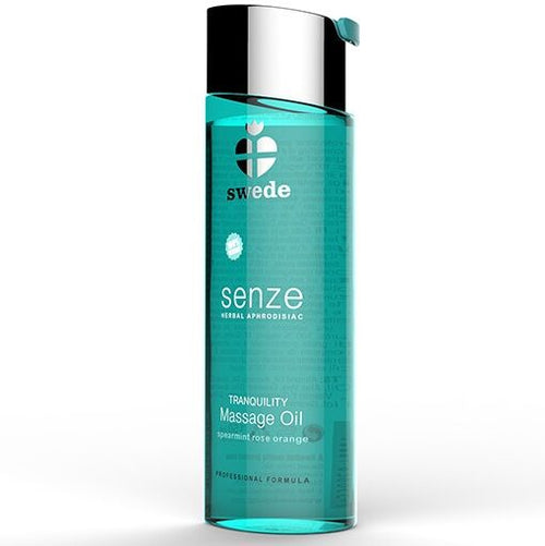 Huile de massage Swede Senze Tranquility menthe rose orange, flacon teal translucide vue de face, melange vegan d'huiles vegetales et essentielles.