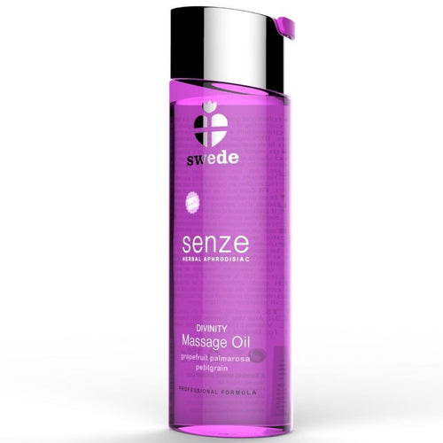 Huile de massage Senze Divinity pamplemousse palmarosa, flacon violet en gros plan etiquette Massage Oil, texture nourrissante a glisse longue vegan.