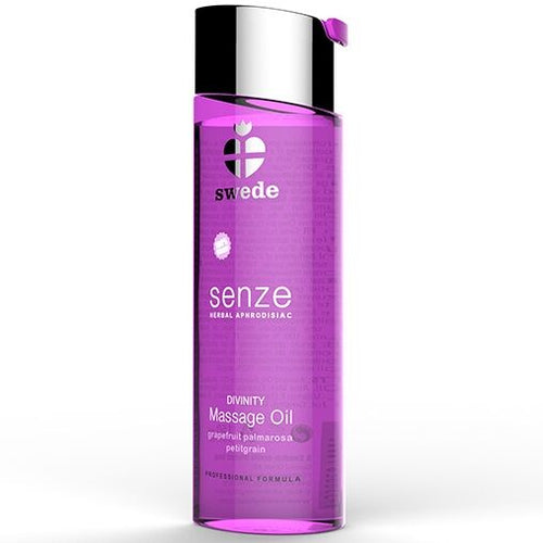 Huile de massage Swede Senze Divinity pamplemousse palmarosa petitgrain, flacon violet translucide vue de face, melange vegan d'huiles essentielles.