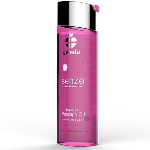 Huile de massage Swede Senze Ecstatic jasmin ylang-ylang, flacon rose translucide vue de face, base d'huiles vegetales 100% vegan au parfum floral.