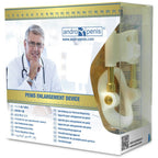 Boite de l'extenseur a finition doree de face, emballage transparent avec photo de medecin et mention Penis Enlargement Device, dispositif de traction mecanique non chirurgical