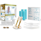 Kit complet de l'extenseur dore expose a plat avec boite, supports en mousse bleus, tiges, vis de reglage et notice technique du dispositif de traction penienne