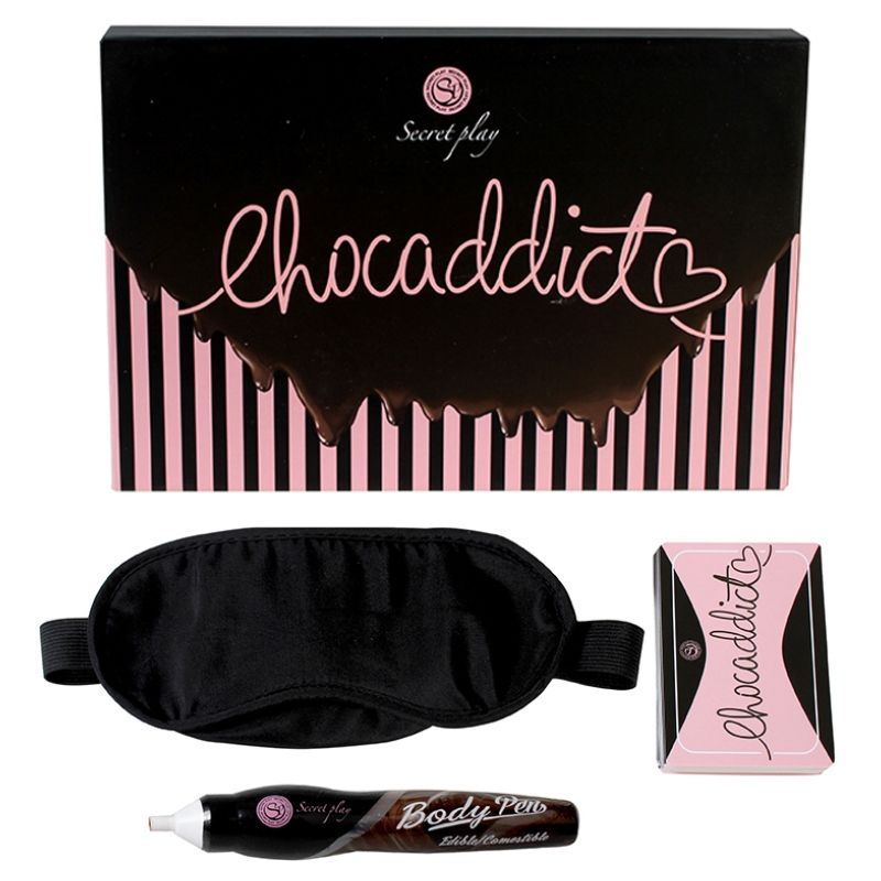 Coffret Chocaddict Secretplay avec masque noir, stylo corps comestible et cartes, 40 tests chocolates sur trois niveaux d'intensite, francais et portugais.
