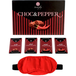 Coffret Choc & Pepper Secretplay avec cartes des quatre niveaux chocolat-epice et masque rouge, 48 cartes de defis sensoriels progressifs a deux.