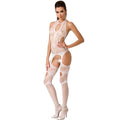 Combinaison resille blanche Passion portee de face, decoupes ajourees aux cuisses et ouverture entrejambe, maille transparente moulant tout le corps femme.