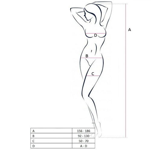Schéma technique du modèle Passion, silhouette dessinée au trait de profil avec points A B C D et tableau de correspondance des tailles taille unique 156-186 cm.