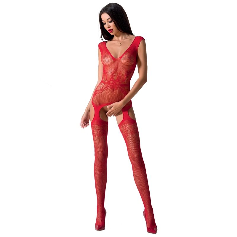 Bodystocking résille brodé entrejambe ouvert — vue rapprochée