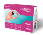 Boite Andropharma Curvature vue de trois quarts, Herbal Food Supplement a base de Vitamine E et Tribulus, visuel d'un homme torse nu et icones bien-etre pour la maladie de La Peyronie