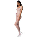 Combinaison resille blanche S027 Passion fines mailles transparentes et ouverture entrejambe, mannequin de face en escarpins blancs, taille unique polyamide