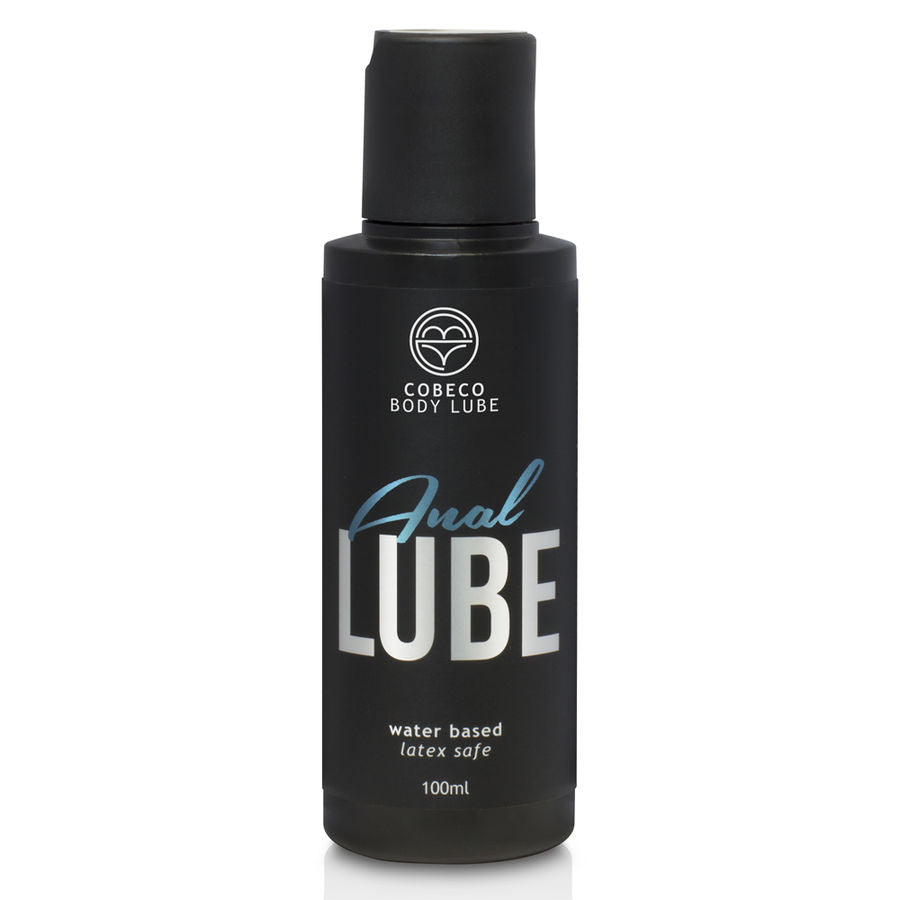 Flacon noir Cobeco Body Lube Anal Lube base eau 100 ml, capuchon poussoir, lubrifiant anal hydratant texture epaisse glissante compatible preservatifs latex