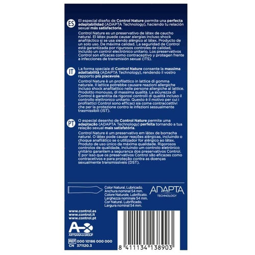 Dos de la boite Control Nature preservatifs latex, notice multilingue technologie Adapta, fleche d'ouverture et code-barres sur fond bleu nuit.