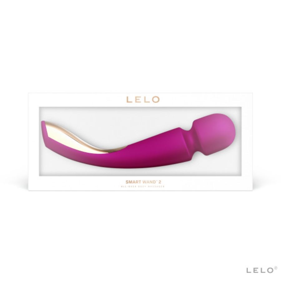Boite ouverte du Smart Wand 2 fuchsia et or de Lelo, wand de massage en silicone premium a 10 modes, large tete vibrante, rechargeable USB et entierement submersible