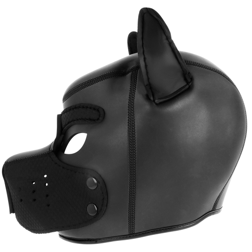 Masque de chien en neoprene noir Darkness vu de profil : museau pique, oreilles dressees et finition souple respirante pour le jeu de role puppy.