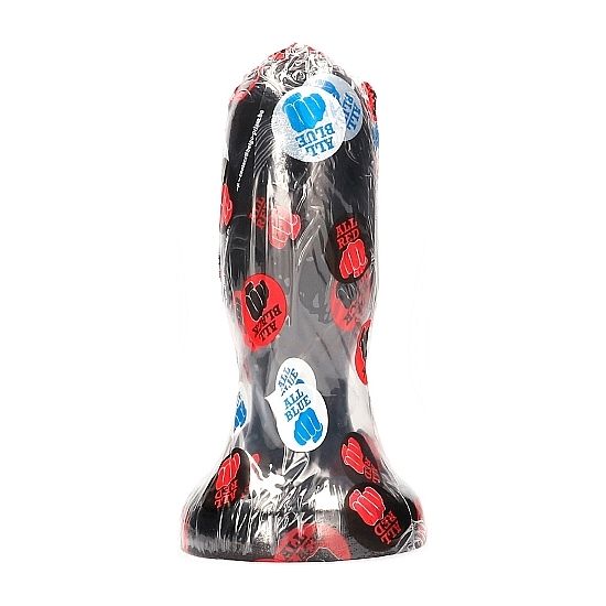 Gros plug anal conique All Black sous film plastique a pastilles, silhouette en ogive et base evasee visible, noir etanche de 19,5 cm pour une ouverture anale progressive.