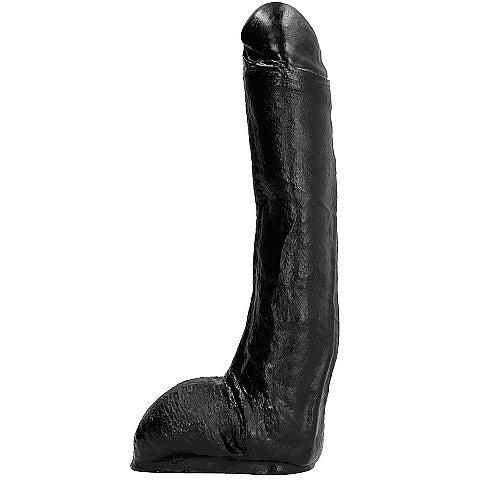 Gode XXL réaliste All Black 29 cm en PVC noir, vue de profil sur sa forme pénienne courbée a gland détaillé, veines saillantes et testicules, souple pour sensations profondes.