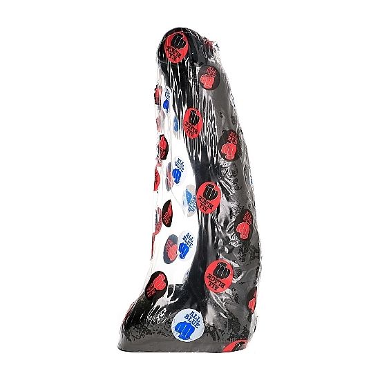 Gode XXL All Black 29 cm en PVC, variante decorative noire constellée de paillettes rouges et bleues, forme courbée souple pour les amateurs de grandes tailles.