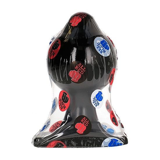 Gros plug anal extra-epais All Black sous film plastique a pastilles, silhouette a double renflement et base evasee visible, PVC noir de 17,5 cm pour une dilatation progressive.
