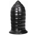 Plug anal nervure All Black silicone vu de face, corps en ogive a nervures circulaires et pointe arrondie, modele etanche de 16 cm a la structure texturee stimulante.