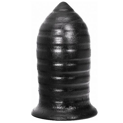 Plug anal nervure All Black silicone vu de face, corps en ogive a nervures circulaires et pointe arrondie, modele etanche de 16 cm a la structure texturee stimulante.