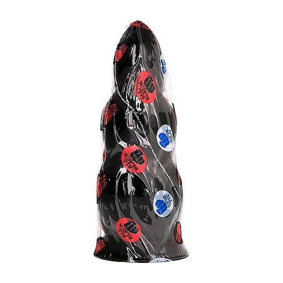 Plug anal progressif All Black sous film plastique a pastilles, silhouette a renflements etages devinee, PVC noir de 23 cm s'epaississant vers la base pour une dilatation intense.