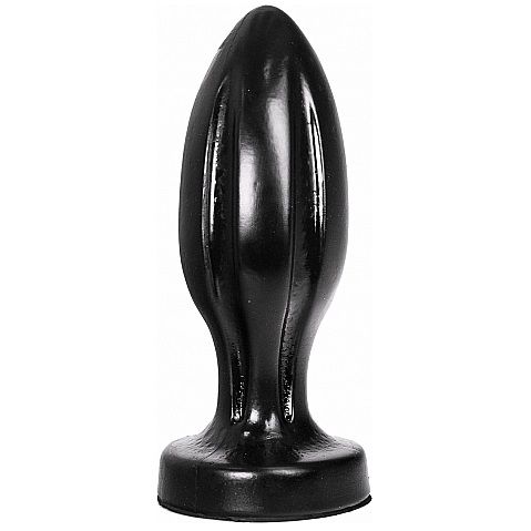 Plug anal All Black PVC imperméable vu de face, fuseau allonge a rainures verticales et base evasee, format de 21 cm avec 19 cm insérable pour une sensation accentuee.