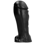 Gode All Black bout large en silicone vu de profil, gland volumineux et base testicules, dimensions genereuses de 22 cm pensees pour une sensation de remplissage intense.