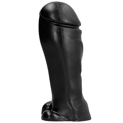 Gode All Black bout large en silicone vu de profil, gland volumineux et base testicules, dimensions genereuses de 22 cm pensees pour une sensation de remplissage intense.