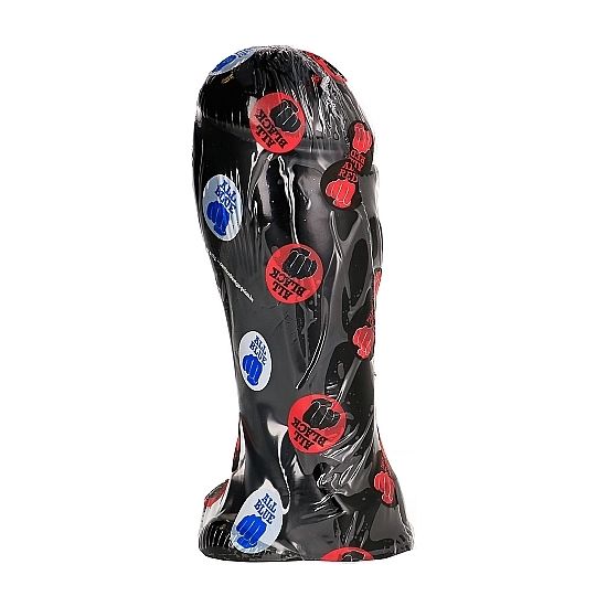 Gode All Black bout large sous film plastique a pastilles, profil penien a gros gland et testicules devine, silicone noir de 22 cm pour un usage vaginal ou anal genereux.