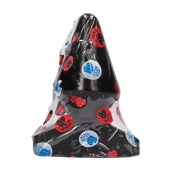 Plug anal conique profond All Black sous film plastique a pastilles, silhouette du cone et de la base trapeze visible, PVC noir etanche de 20,5 cm pour une dilatation progressive.