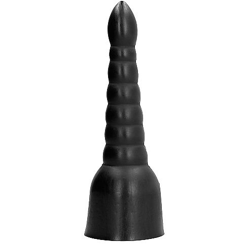 Gode XXL All Black etage vu de face, pointe a rainures spiralees, renflements superposes et socle, PVC de 34 cm a la base large pour une stimulation supplementaire avancee.