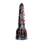 Gode XXL All Black etage a rainures sous film plastique a pastilles, silhouette a renflements et base large devinee, PVC noir de 34 cm pour une pratique avancee stimulante.